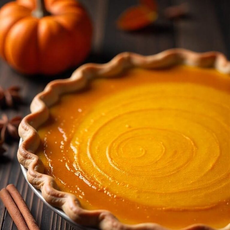 Close-up of a freshly baked pumpkin pie with a spiral pattern on the filling, surrounded by cinnamon sticks and a small pumpkin on a dark wooden surface.