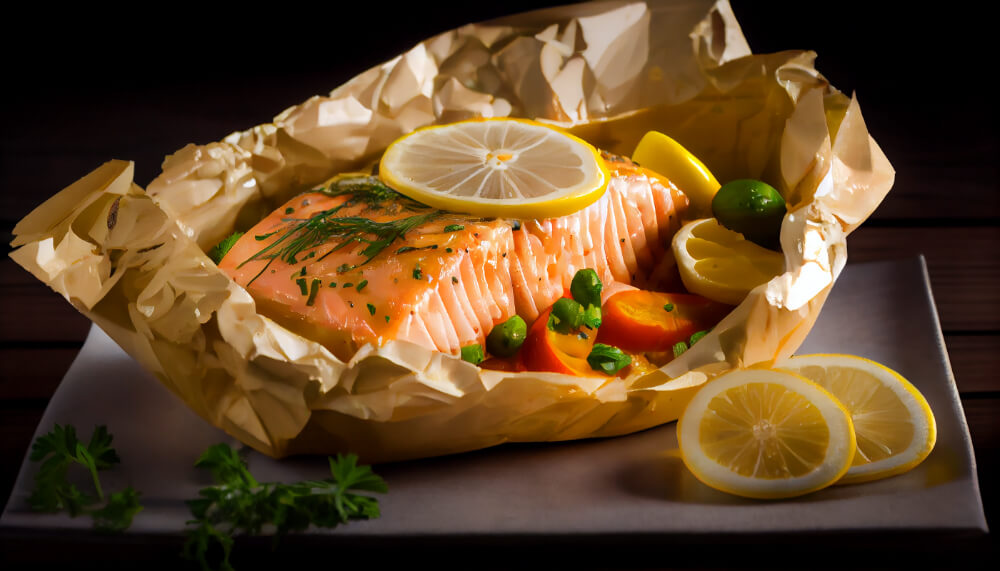 Salmon fillet cooked en papillote with fresh herbs, lemon slices, green peas, carrots, and garnished with parsley on a dark plate.