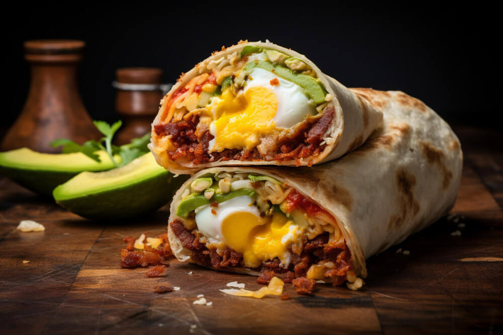 Breakfast burrito with crispy bacon, soft-boiled egg, avocado slices, cheese, and vegetables wrapped in a warm tortilla.