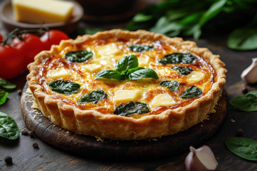 A spinach and cheese quiche with a golden, flaky crust, garnished with fresh basil leaves, sitting on a rustic wooden board.