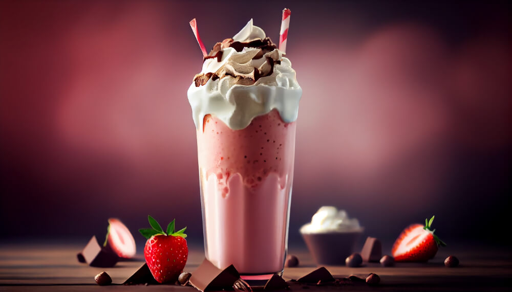 A creamy strawberry milkshake topped with whipped cream, chocolate drizzle, and a red-striped straw, surrounded by fresh strawberries and chocolate pieces.