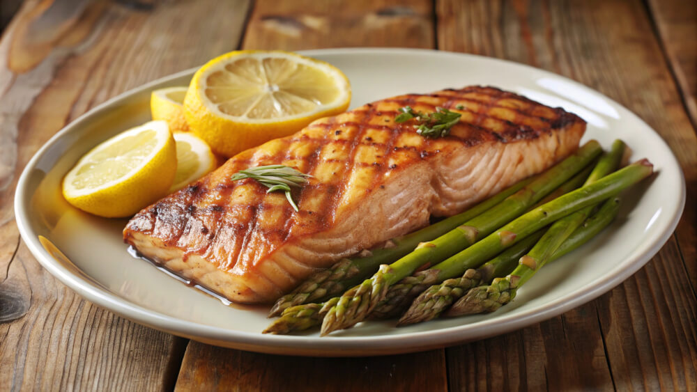 Grilled salmon fillet with asparagus spears, garnished with fresh herbs and lemon slices, served on a white plate.