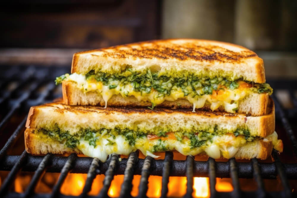 Grilled cheese sandwich with pesto and melted mozzarella on a grill, toasted to perfection with visible golden grill marks.