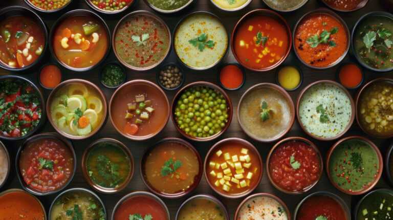 An overhead view of Chip and dip bowl filled with a variety of colorful soups, garnished with fresh herbs, vegetables, and spices.