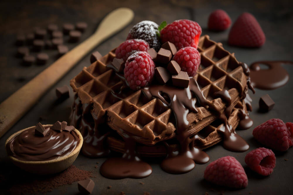 Rich chocolate Belgian waffles topped with fresh raspberries, chocolate chunks, and drizzled with melted chocolate on a dark rustic table.