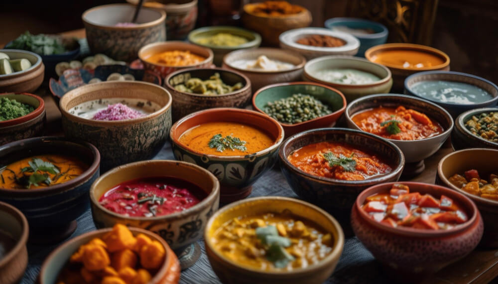 An array of colorful bowls filled with a variety of sauces, dips, curries, and vegetables, beautifully displayed on a table.