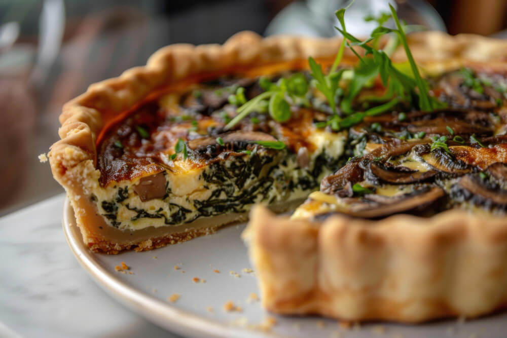 A freshly baked quiche with spinach, mushrooms, and cheese in a golden, flaky crust, garnished with fresh herbs and served on a white plate.