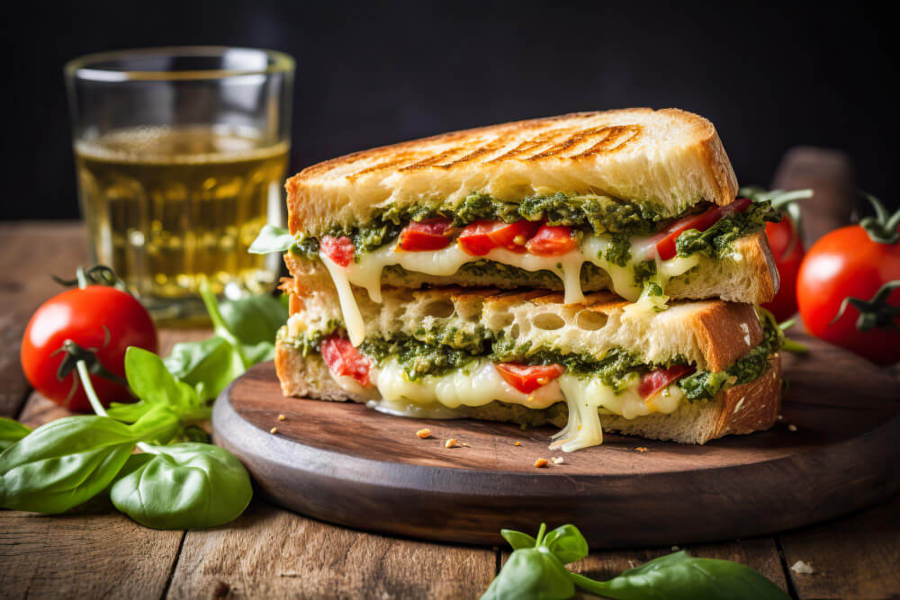 Grilled cheese sandwich with melty mozzarella, pesto, fresh tomatoes, and basil, served on a wooden board with cherry tomatoes and a glass of iced tea.