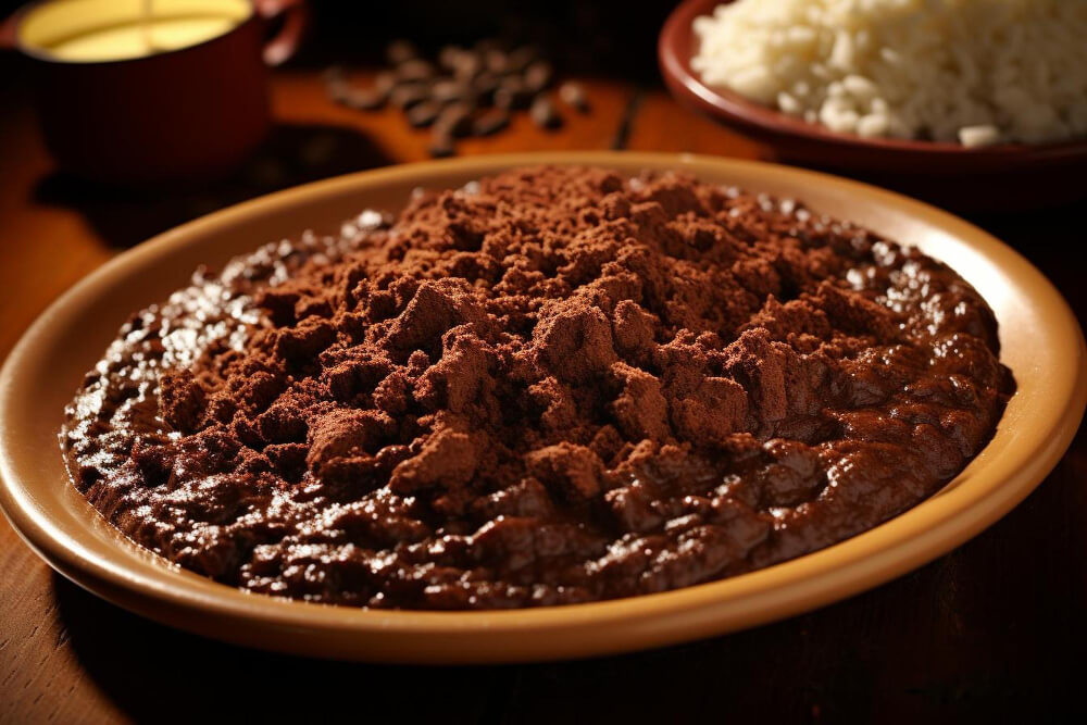 A rich bowl of champorado topped with cocoa powder, served with rice and chocolate in the background.