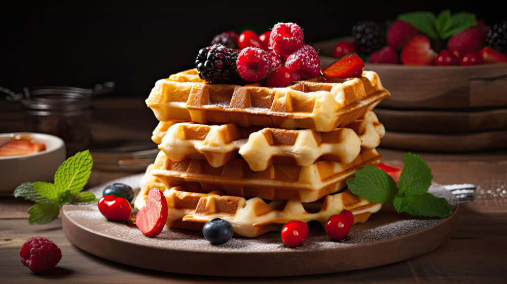 Stack of golden Belgian waffles topped with mixed fresh berries, mint leaves, and powdered sugar on a rustic wooden platter.