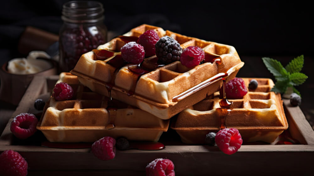 Golden Belgian waffles stacked in a wooden tray, topped with fresh raspberries, blackberries, and maple syrup, garnished with mint leaves.