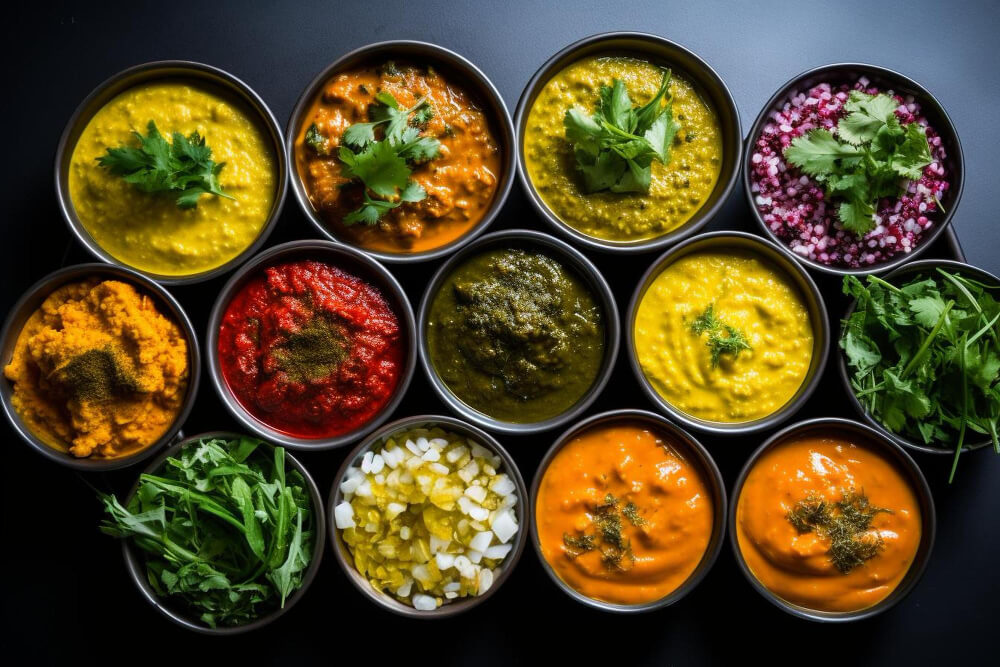 A top-down view of colorful bowls filled with various vibrant sauces, dips, and garnishes, garnished with fresh herbs and spices.