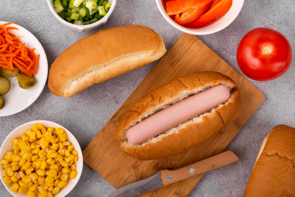 A hot dog on a wooden board surrounded by fresh ingredients including tomatoes, corn, pickles, carrots, and scallions.