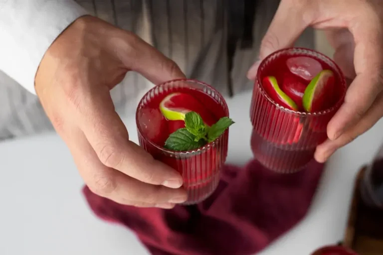 Close-up of hands holding two ribbed glasses filled with a vibrant Aperol Spritz, garnished with mint leaves and lime slices on a white countertop.