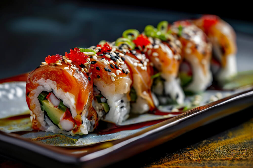 Delicious cooked sushi rolls garnished with sesame seeds, green onions, and tobiko, served with a drizzle of soy-based sauce.