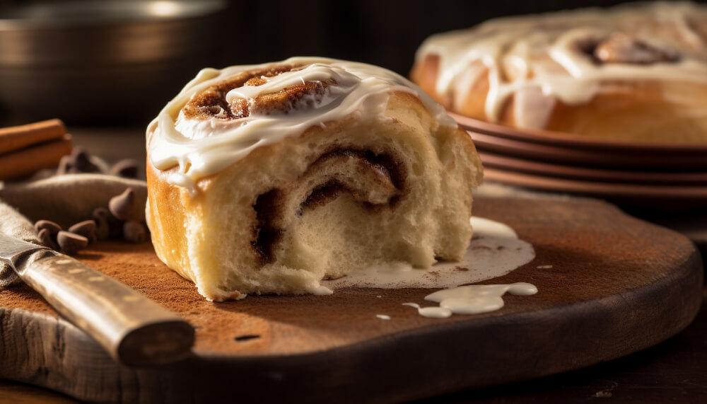 A close-up of a freshly baked cinnamon roll with creamy glaze on a rustic wooden board, surrounded by cinnamon sticks and chocolate chips.