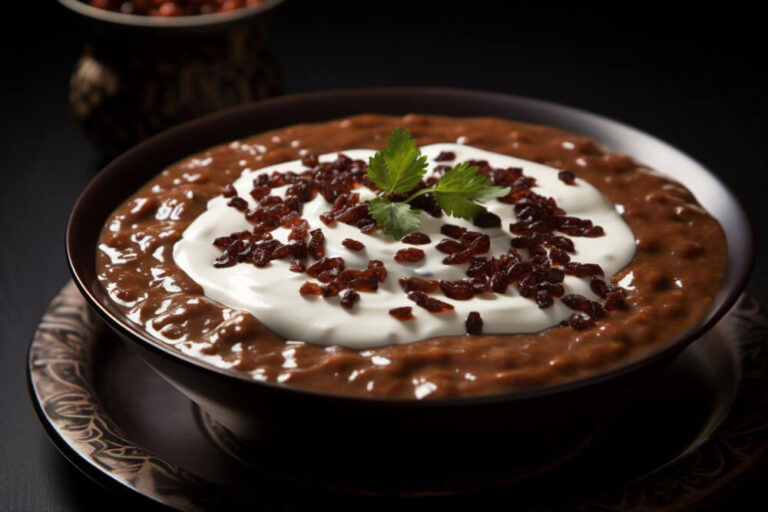 Champorado served in a bowl topped with cream, dried fruits, and garnished with fresh cilantro leaves.