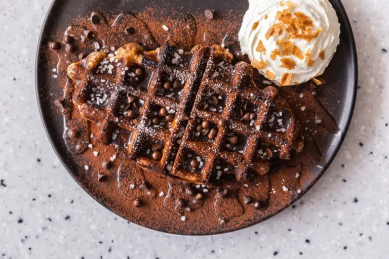 "Delicious chocolate waffle topped with chocolate chips, whipped cream, cocoa powder, and a sprinkle of sugar served on a black plate."