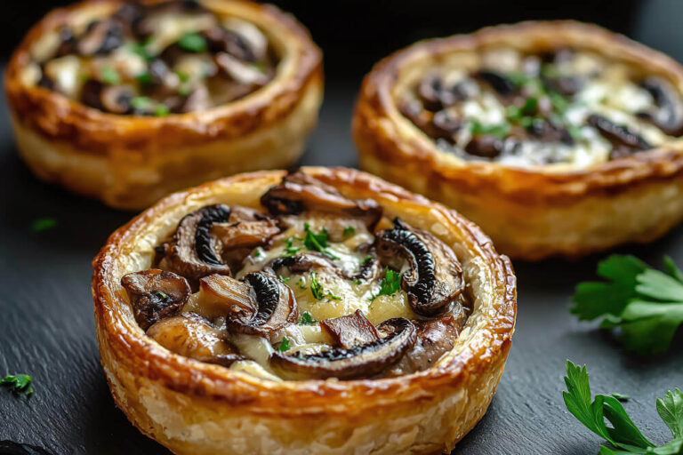 Close-up of mini Quiche Lorraine with sautéed mushrooms, cheese, and herbs, baked in a flaky golden pastry shell.