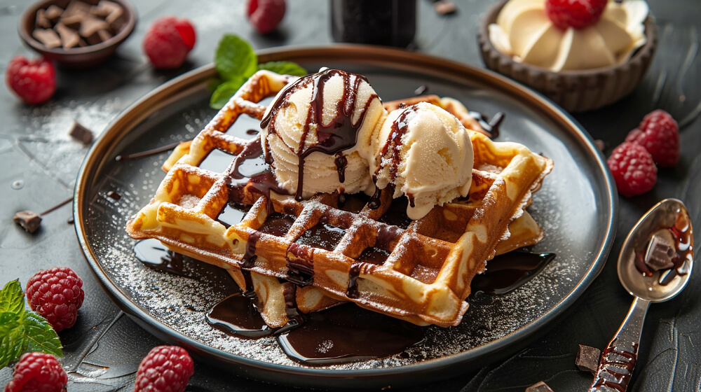 Belgian waffles served on a dark plate with scoops of vanilla ice cream, drizzled with chocolate syrup, garnished with fresh raspberries and mint leaves