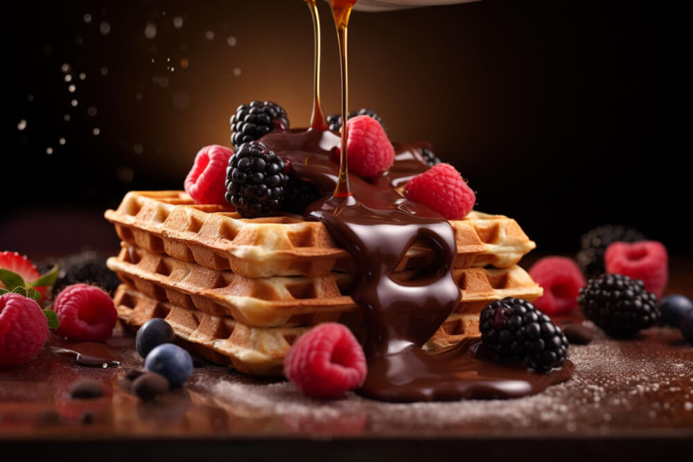 Stacked Belgian waffles drizzled with rich chocolate sauce and topped with fresh raspberries, blackberries, and blueberries on a warm, moody background.