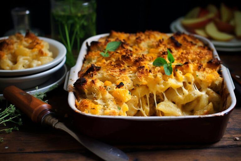 A baked macaroni and cheese dish with a crispy, golden-brown topping and gooey melted cheese, garnished with fresh basil leaves.