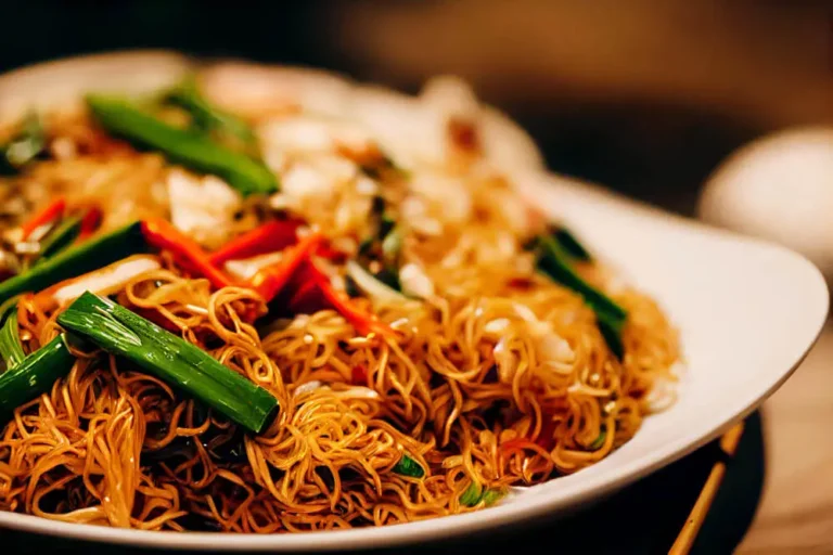 A plate of golden stir-fried noodles garnished with green onions and red chilies.