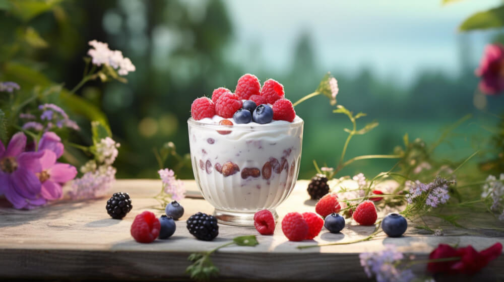 A refreshing yogurt parfait in a glass bowl, layered with fresh raspberries, blueberries, and blackberries, surrounded by wildflowers on a wooden table in a natural outdoor setting.