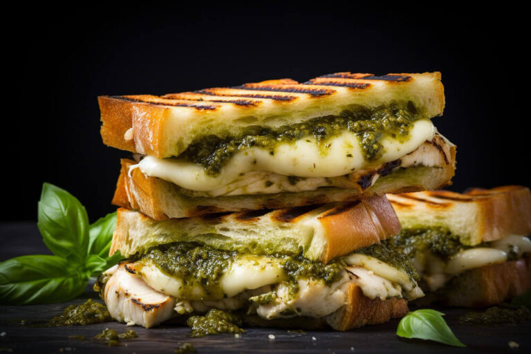 Grilled cheese sandwich with melted feta, chicken, and pesto sauce, stacked with grill marks and fresh basil leaves on the side.