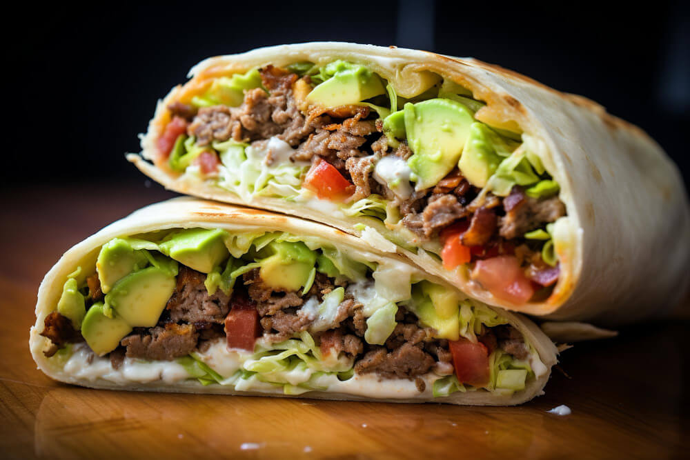 Breakfast burrito with seasoned ground beef, fresh avocado slices, shredded lettuce, tomatoes, and creamy dressing, wrapped in a soft tortilla