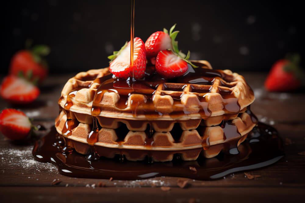 Close-up of Belgian waffles stacked with chocolate syrup and fresh strawberries on top, set on a dark wooden table.