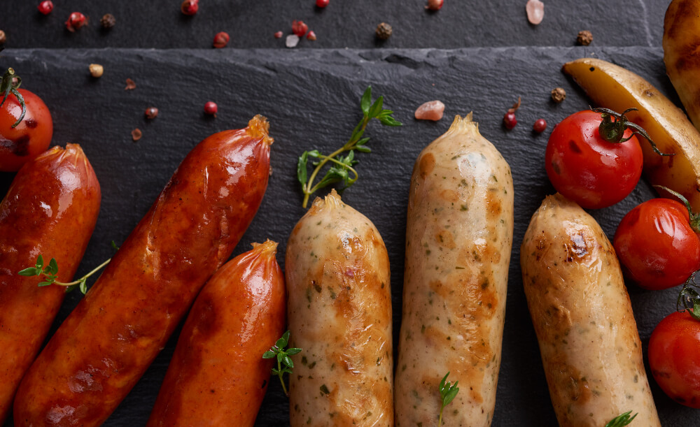 An assortment of grilled sausages served on a slate platter with roasted cherry tomatoes, potato wedges, and fresh herbs.