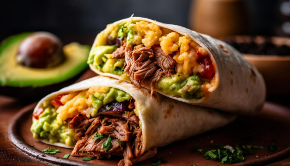 Breakfast burrito with shredded beef, scrambled eggs, guacamole, and fresh vegetables wrapped in a soft tortilla.