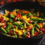 A skillet filled with a colorful mix of stir-fried vegetables including broccoli, green beans, red peppers, and yellow squash, placed on a dark surface with tomatoes in the background.