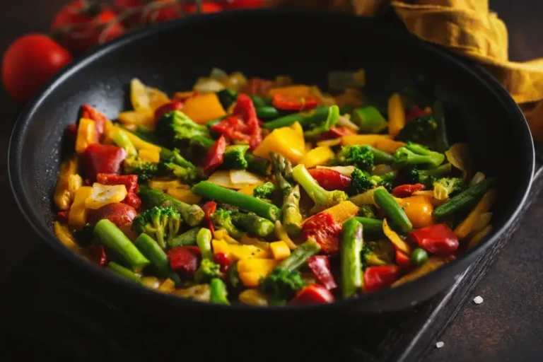 A skillet filled with a colorful mix of stir-fried vegetables including broccoli, green beans, red peppers, and yellow squash, placed on a dark surface with tomatoes in the background.