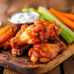 Buffalo Wings served on a wooden platter with celery sticks, carrot sticks, and a side of blue cheese dressing."