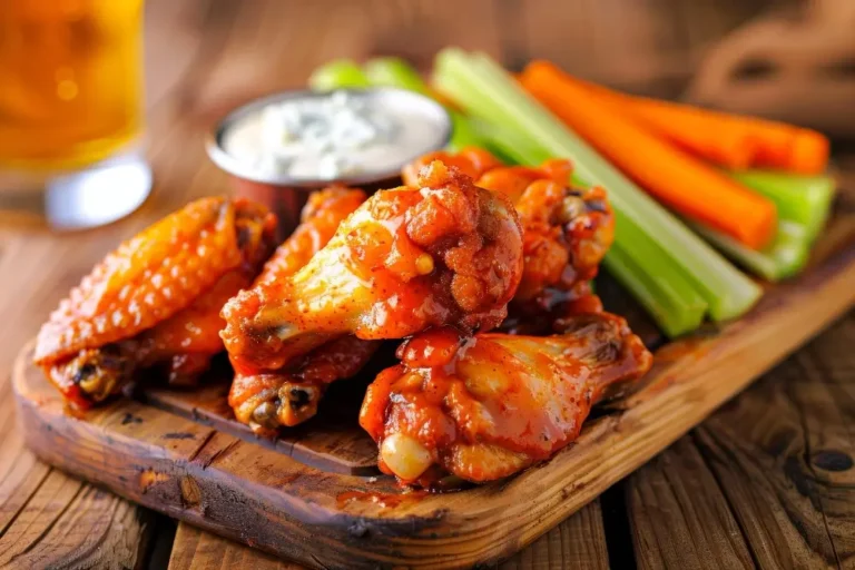 Buffalo Wings served on a wooden platter with celery sticks, carrot sticks, and a side of blue cheese dressing."