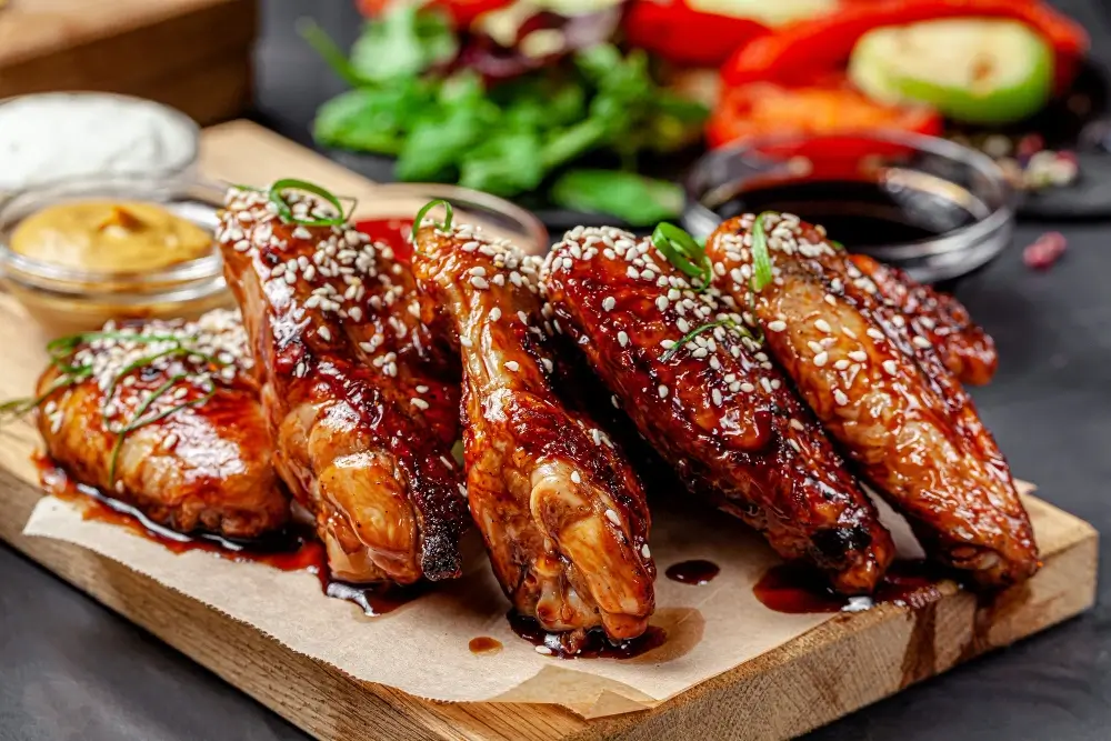 "Glazed chicken wings garnished with sesame seeds and green onions, served on a wooden board with dipping sauces."