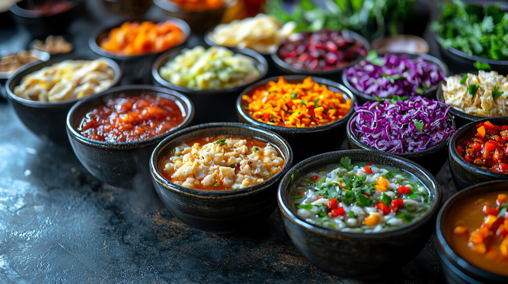 An assortment of bowls filled with colorful dips, sauces, and chopped vegetables, arranged beautifully on a dark textured surface.