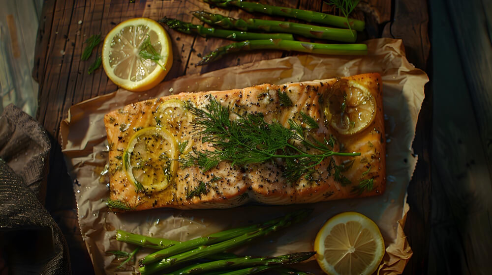 Baked salmon fillet garnished with lemon slices, fresh dill, and black pepper, surrounded by asparagus and lemon halves on parchment paper.