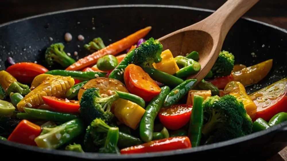 A skillet of vibrant stir-fried vegetables, including broccoli, green beans, cherry tomatoes, carrots, and corn, stirred with a wooden spoon.