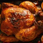 Close-up of golden slow roasted chicken with crispy skin, surrounded by roasted citrus slices and cranberries in a black roasting pan.