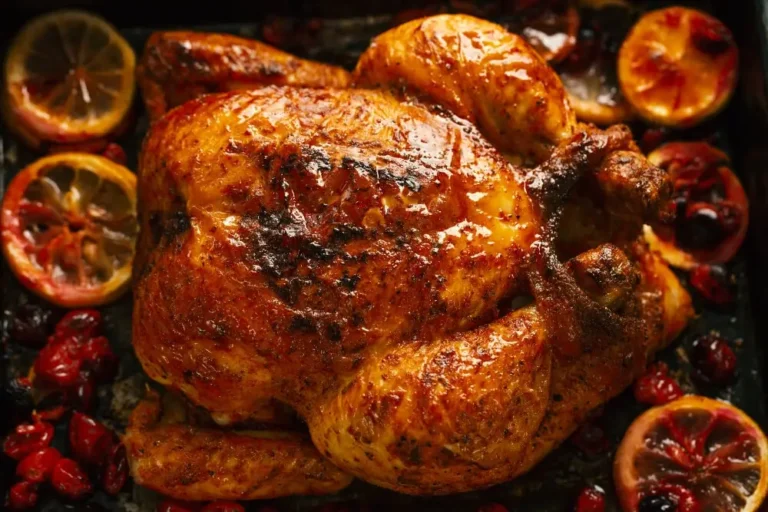 Close-up of golden slow roasted chicken with crispy skin, surrounded by roasted citrus slices and cranberries in a black roasting pan.