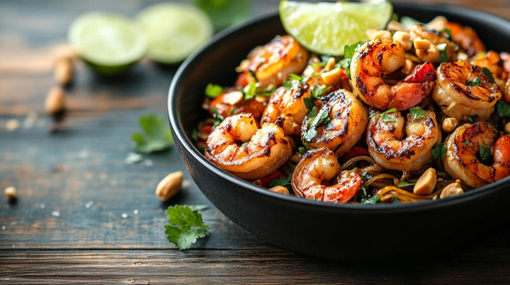 A bowl of Thai-inspired shrimp stir fry with grilled shrimp, lime, peanuts, cilantro, and vibrant vegetables on a rustic wooden table.