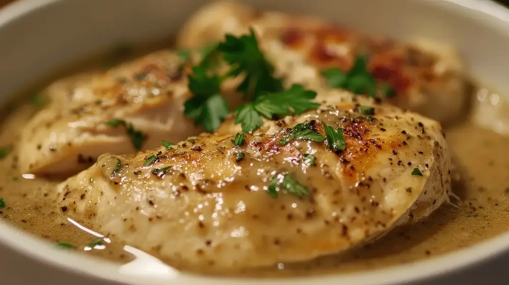 Juicy chicken breasts served in a creamy sauce, garnished with fresh parsley in a white dish.