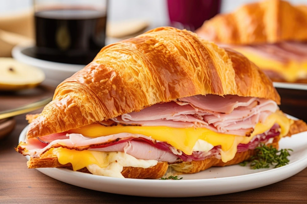 Close-up of a croissant sandwich filled with layers of ham, melted cheese, and fresh garnishes, served on a white plate.