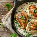 Seared chicken breasts in a creamy spinach sauce, garnished with fresh parsley, served in a cast-iron skillet on a rustic wooden table.