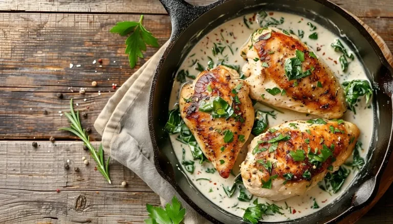 Seared chicken breasts in a creamy spinach sauce, garnished with fresh parsley, served in a cast-iron skillet on a rustic wooden table.