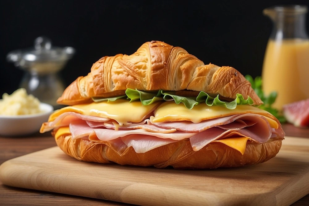 Fresh croissant sandwich filled with layers of ham, cheddar, and lettuce, served on a wooden cutting board with breakfast condiments and orange juice in the background.