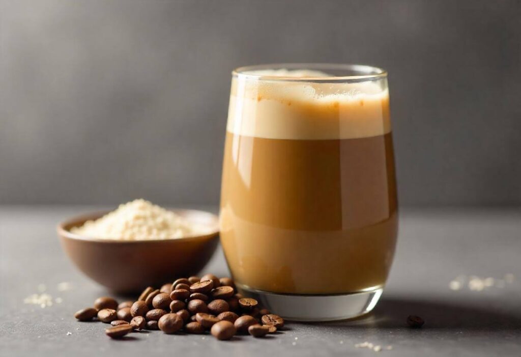 A glass of protein coffee with frothy top, surrounded by coffee beans and a bowl of protein powder on a dark background.